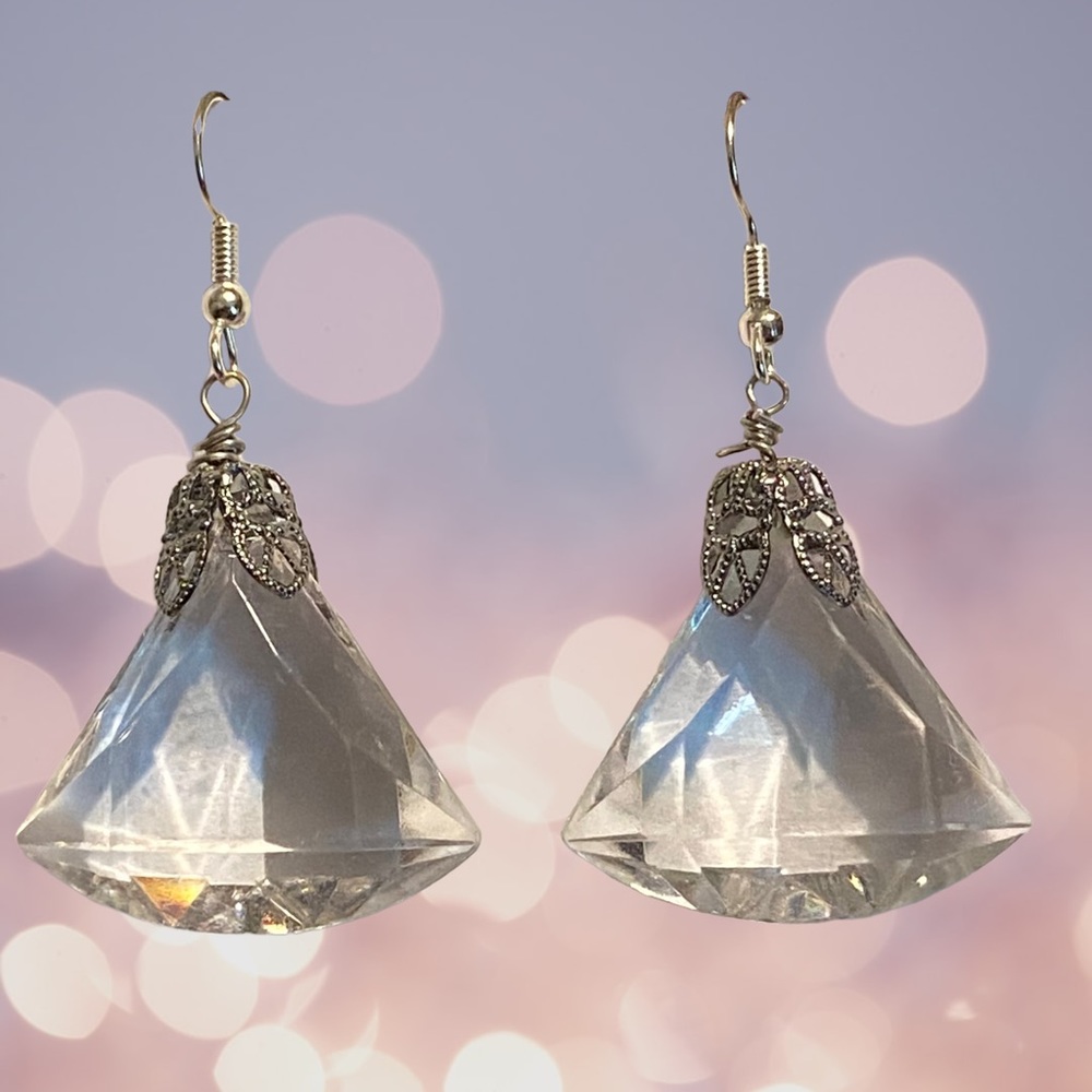Hand Crafted Earrings Chandelier Clear Acrylic Diamond Dangle Long Pierced - Picture 7 of 7
